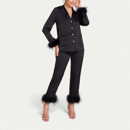 Feather Trim Satin Pyjama Set for Luxe Lounge Moments