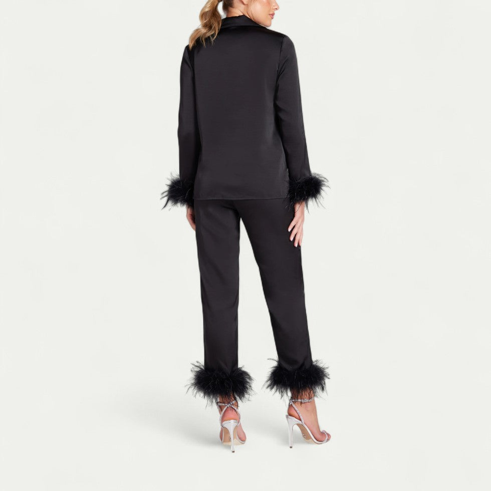 Feather Trim Satin Pyjama Set for Luxe Lounge Moments