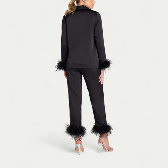 Feather Trim Satin Pyjama Set for Luxe Lounge Moments