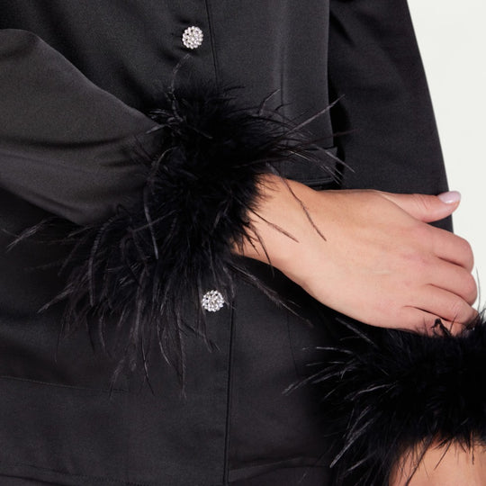 Feather Trim Satin Pyjama Set for Luxe Lounge Moments