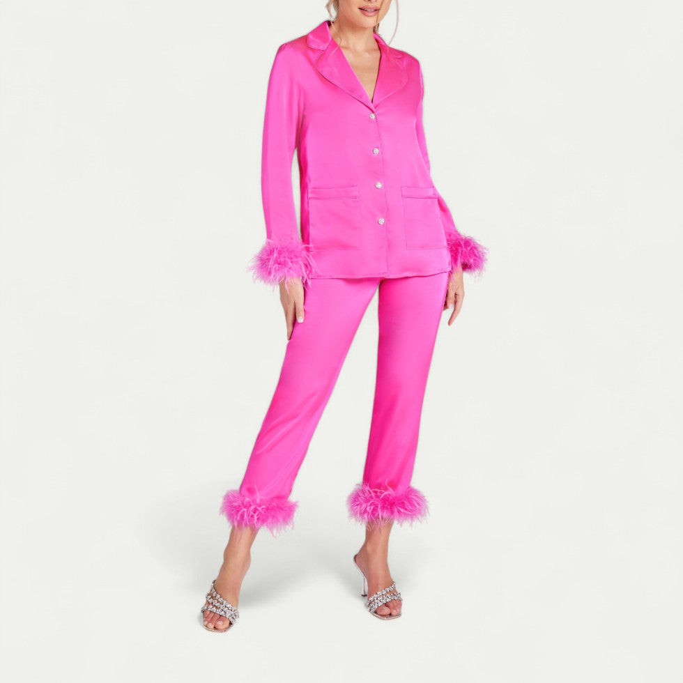 Feather Trim Satin Pyjama Set for Luxe Lounge Moments