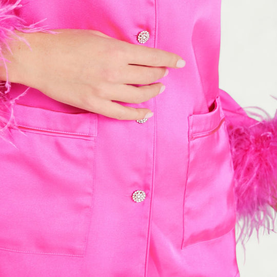 Feather Trim Satin Pyjama Set for Luxe Lounge Moments