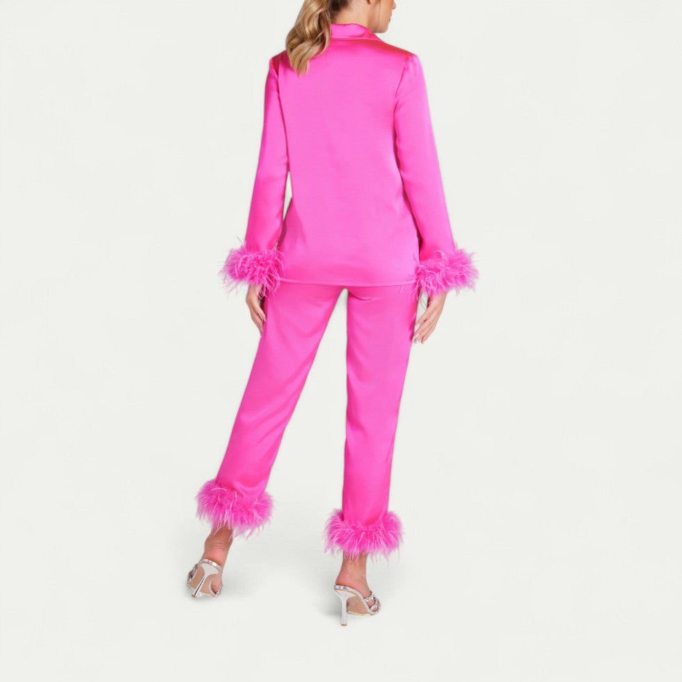 Feather Trim Satin Pyjama Set for Luxe Lounge Moments