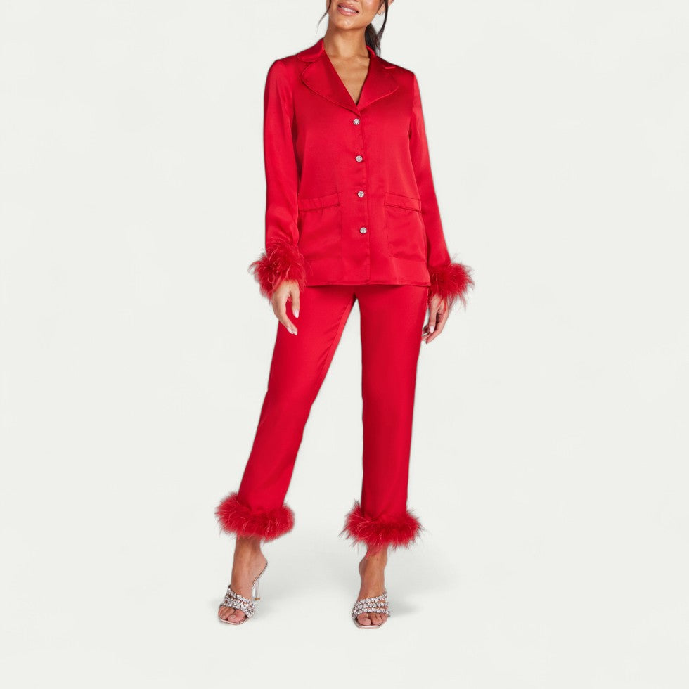 Feather Trim Satin Pyjama Set for Luxe Lounge Moments