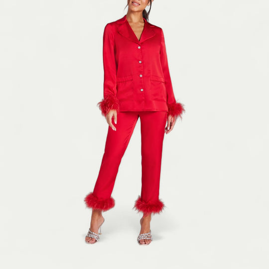 Feather Trim Satin Pyjama Set for Luxe Lounge Moments