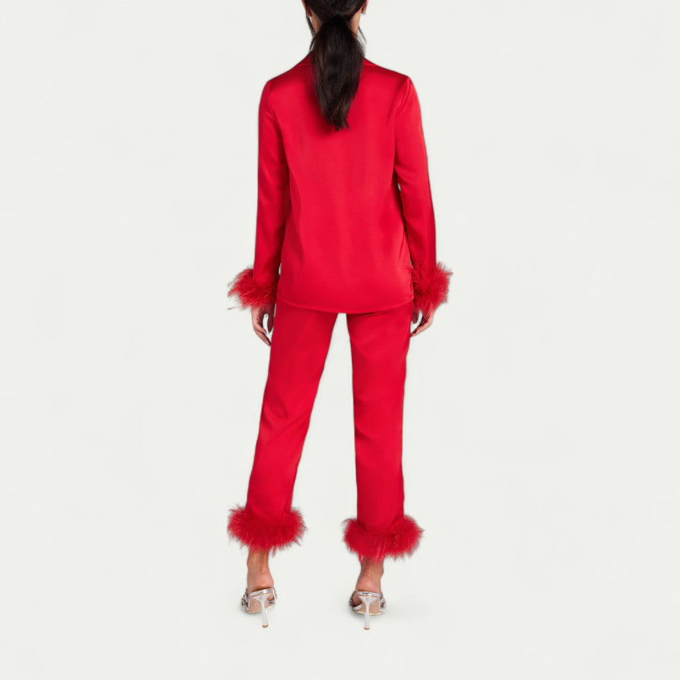 Feather Trim Satin Pyjama Set for Luxe Lounge Moments