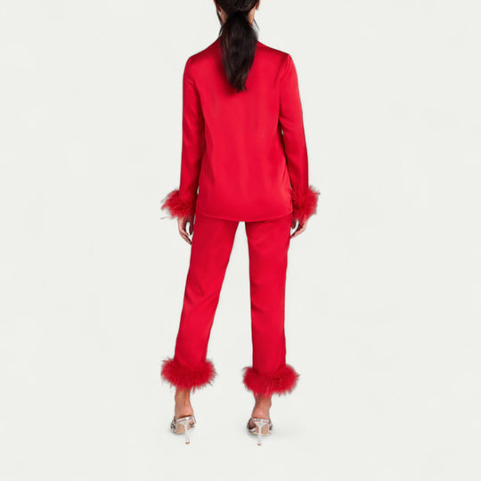 Feather Trim Satin Pyjama Set for Luxe Lounge Moments