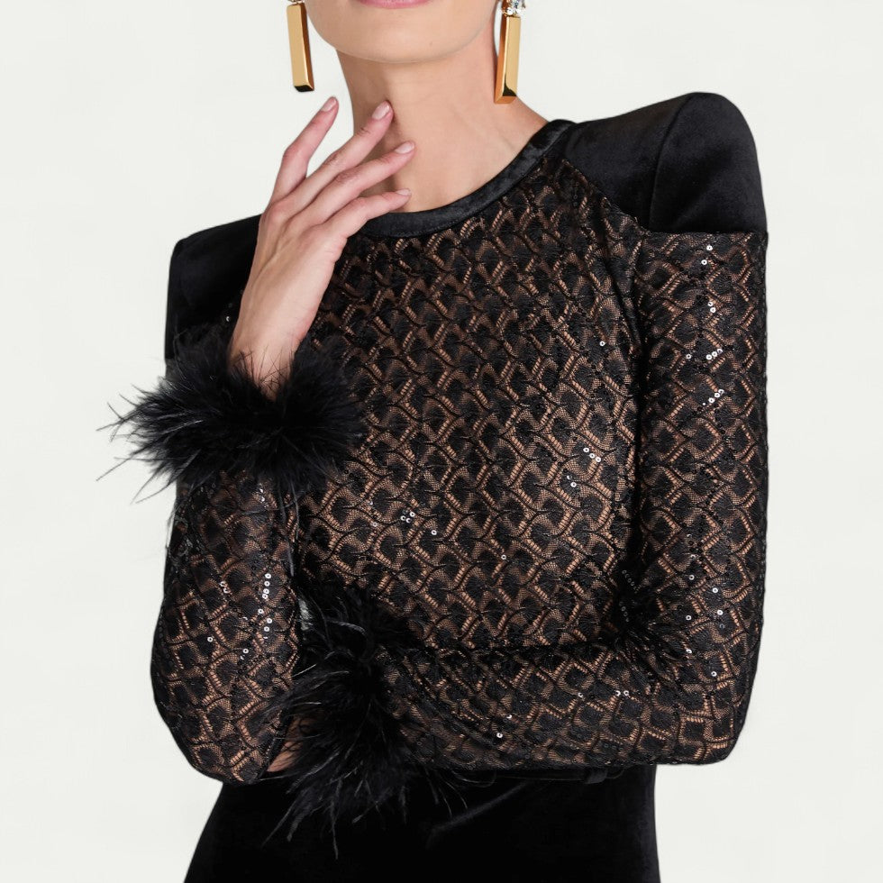 Flared Velvet Jumpsuit with Feather Cuff Detail