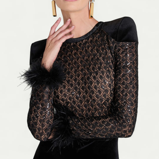 Flared Velvet Jumpsuit with Feather Cuff Detail