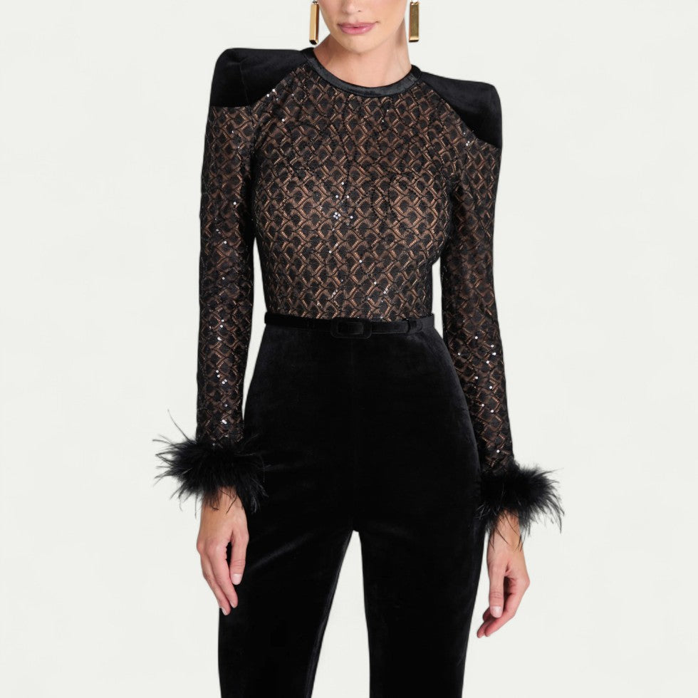 Flared Velvet Jumpsuit with Feather Cuff Detail
