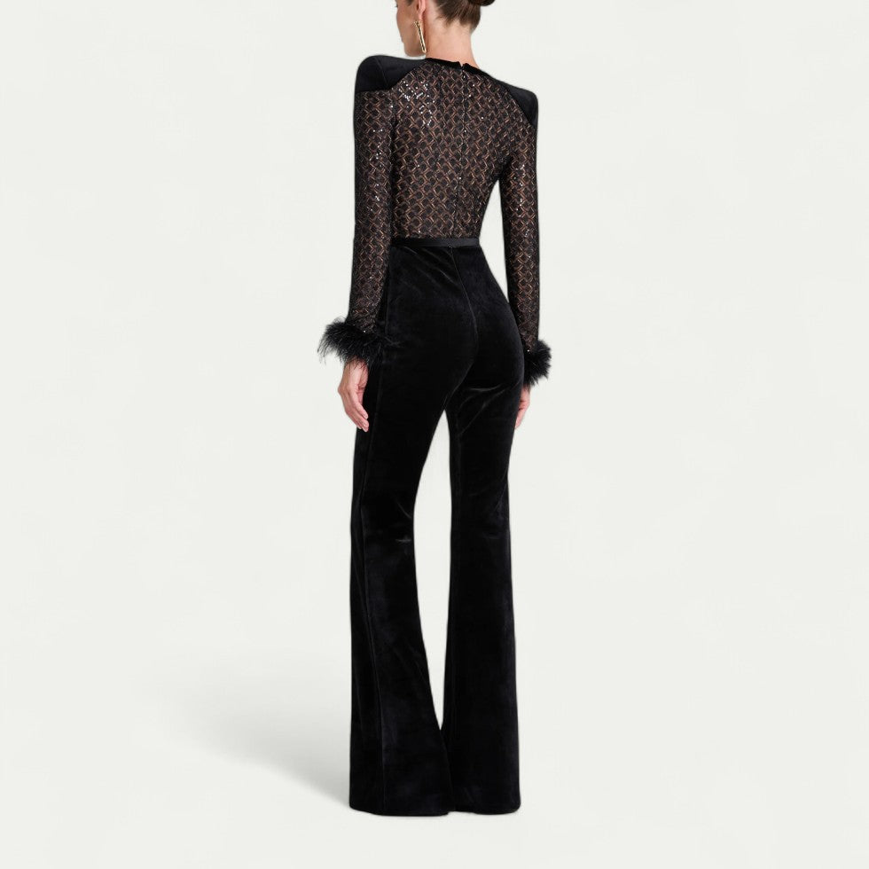 Flared Velvet Jumpsuit with Feather Cuff Detail