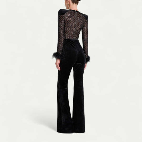 Flared Velvet Jumpsuit with Feather Cuff Detail