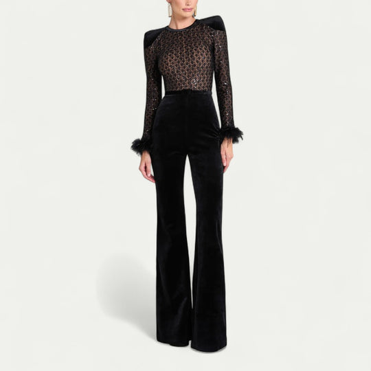 Flared Velvet Jumpsuit with Feather Cuff Detail