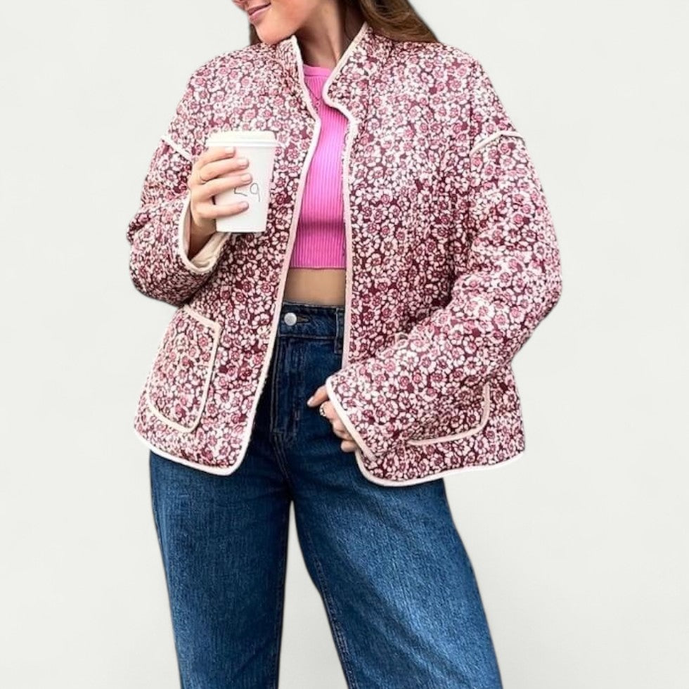 Lightweight Quilted Floral Jacket with Front Pockets