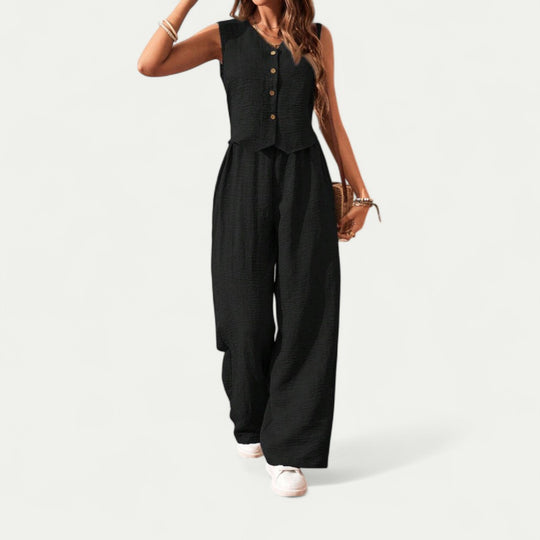 Sleeveless Cotton Blend Button Front Wide Leg Summer Jumpsuit