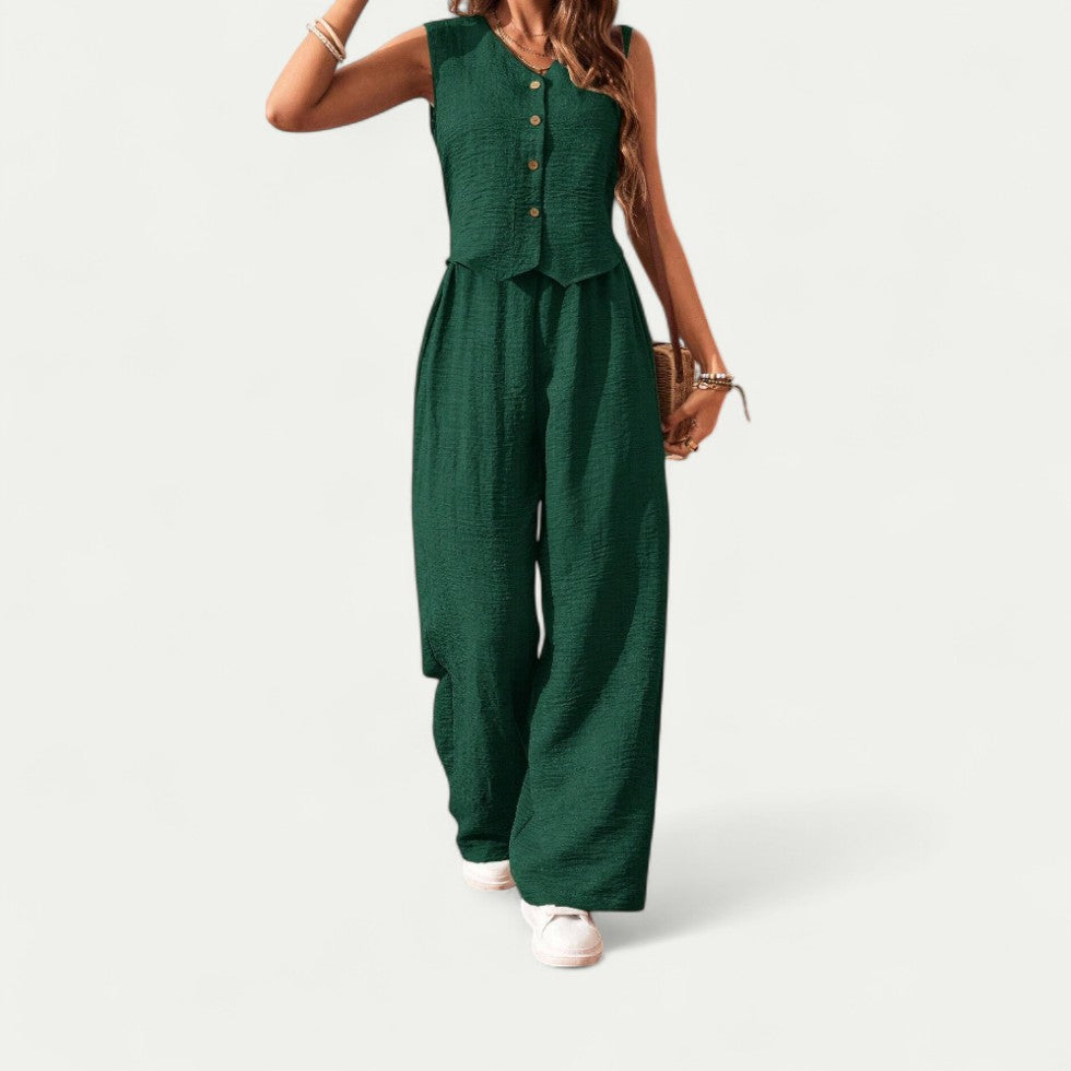 Sleeveless Cotton Blend Button Front Wide Leg Summer Jumpsuit