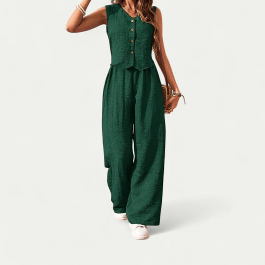 Sleeveless Cotton Blend Button Front Wide Leg Summer Jumpsuit