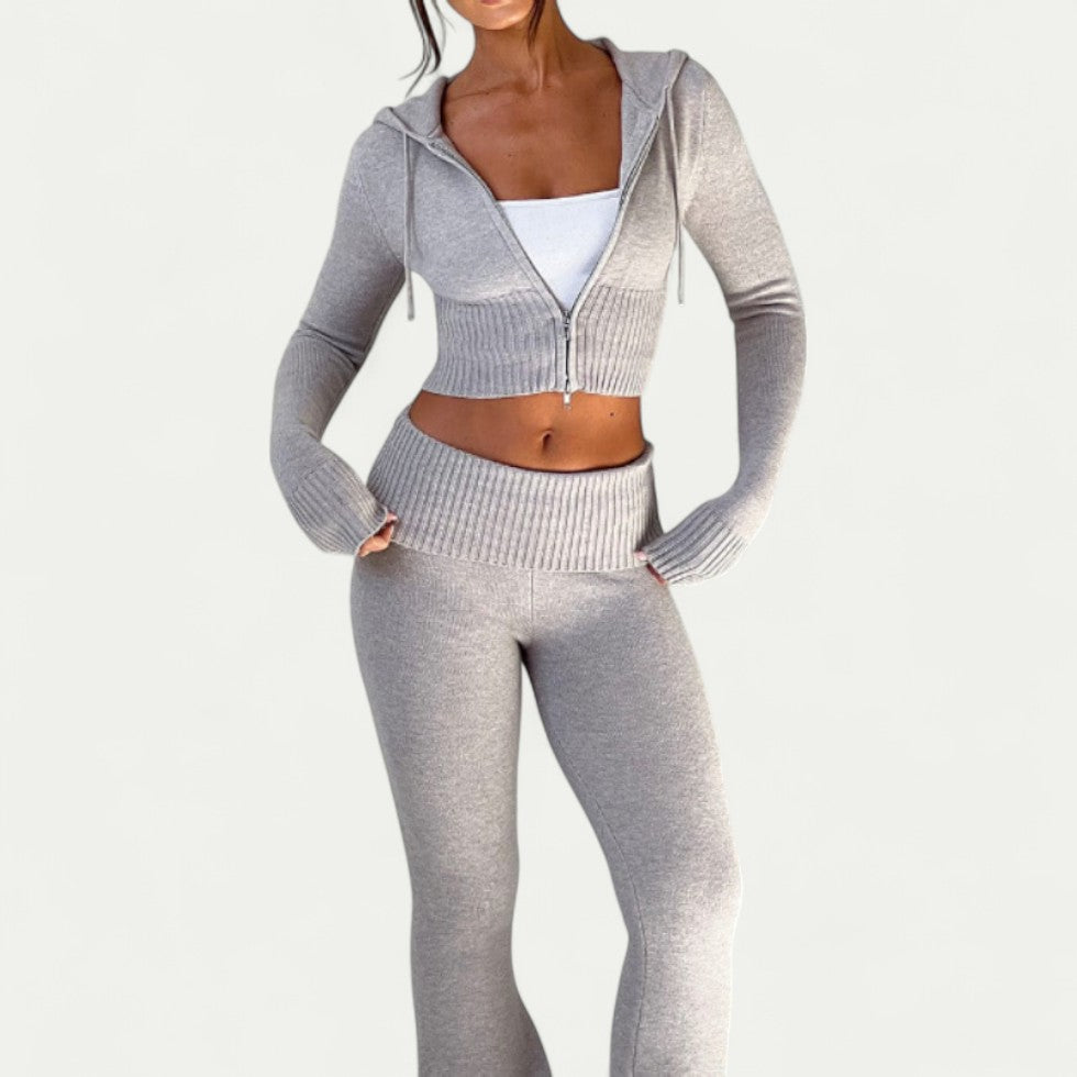 Ribbed Zip Up Hoodie and Flared Leggings Co Ord Set