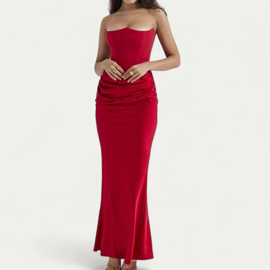 Strapless Satin Gown for Wedding Guest and Formal Events