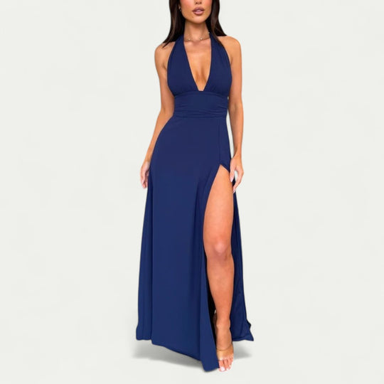 Plunge Neck Maxi Dress with Thigh High Split for Summer Glam