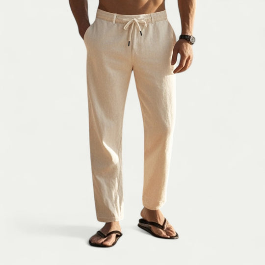 Men's Linen Cotton Drawstring Trousers Lightweight Summer Fit