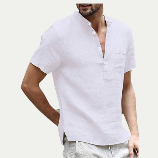 Men Linen Short Sleeve Shirt with Stand Collar