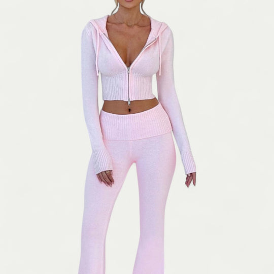 Ribbed Zip Up Hoodie and Flared Leggings Co Ord Set