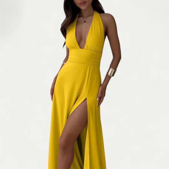 Plunge Neck Maxi Dress with Thigh High Split for Summer Glam