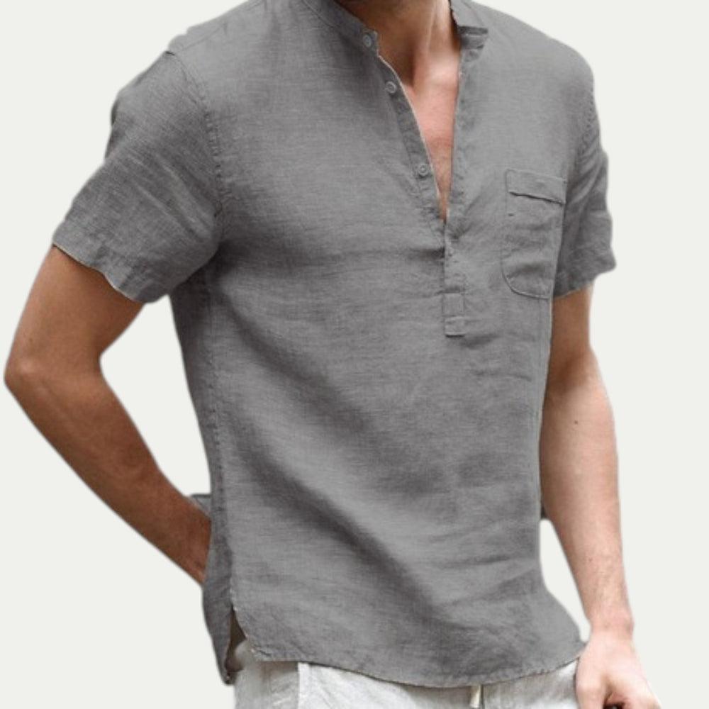 Men Linen Short Sleeve Shirt with Stand Collar