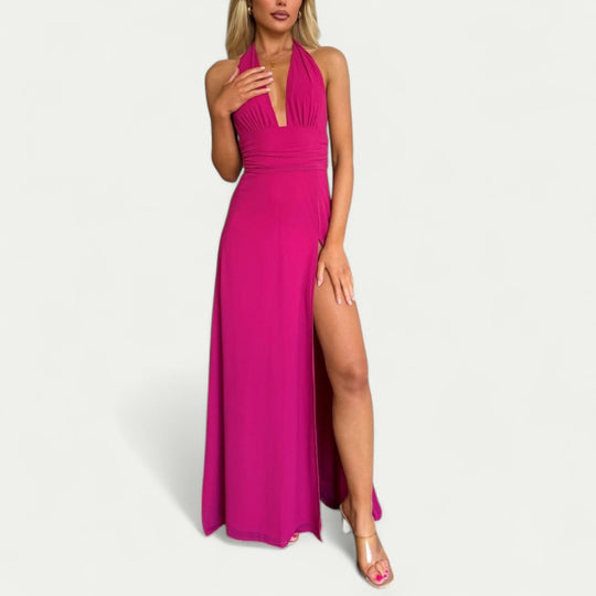 Plunge Neck Maxi Dress with Thigh High Split for Summer Glam