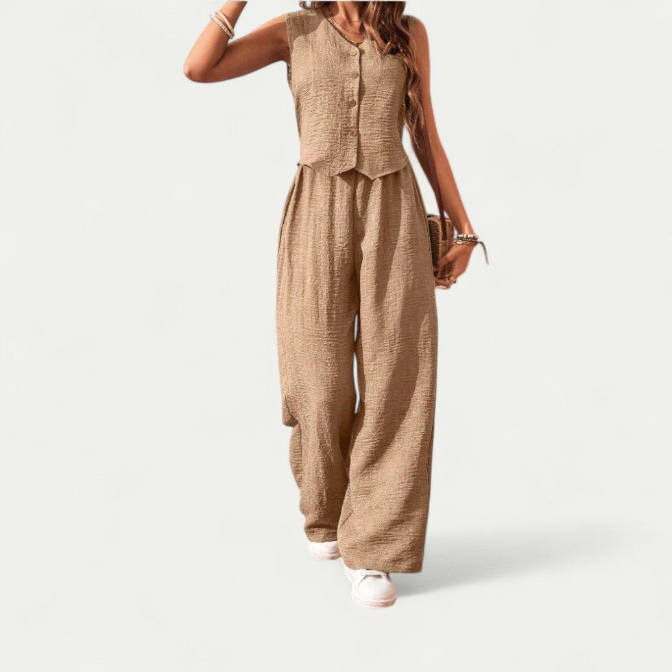 Sleeveless Cotton Blend Button Front Wide Leg Summer Jumpsuit