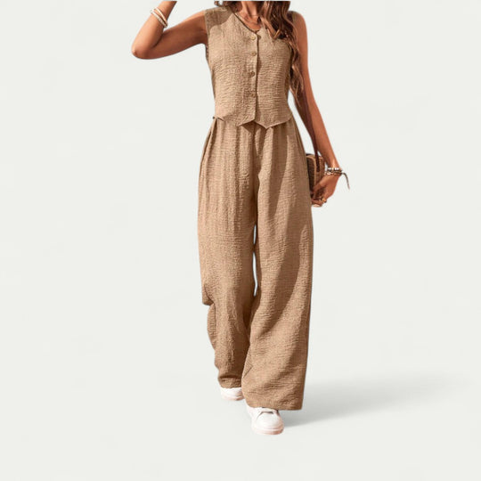 Sleeveless Cotton Blend Button Front Wide Leg Summer Jumpsuit