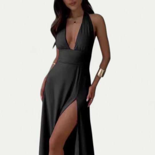 Plunge Neck Maxi Dress with Thigh High Split for Summer Glam