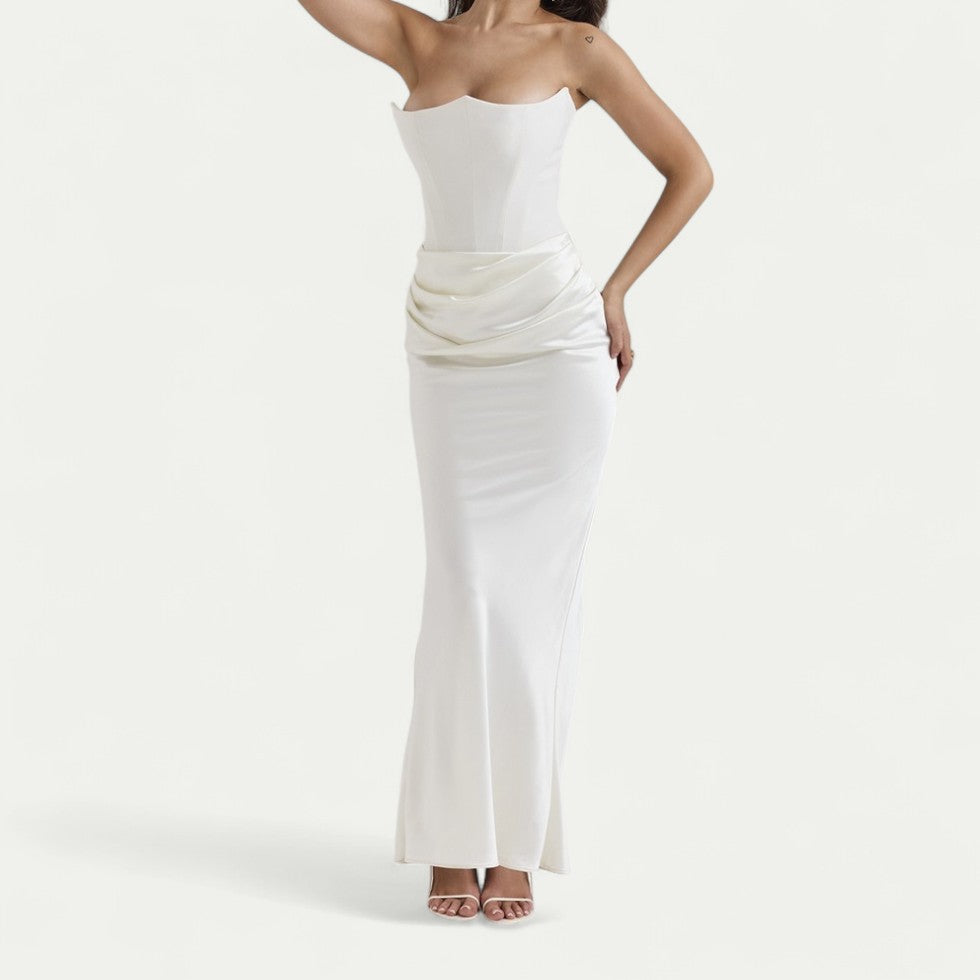 Strapless Satin Gown for Wedding Guest and Formal Events