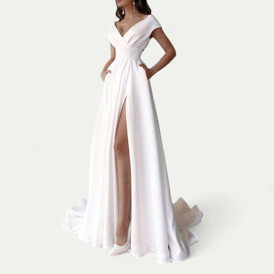 Off Shoulder Split Maxi Dress for Evening and Wedding Events