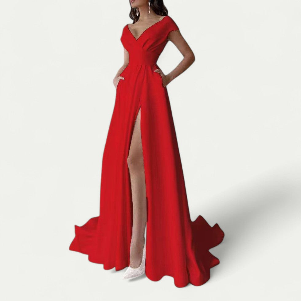 Off Shoulder Split Maxi Dress for Evening and Wedding Events