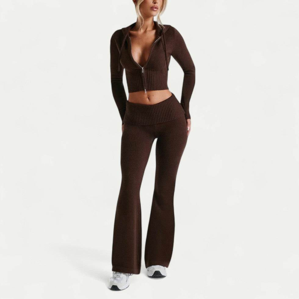 Ribbed Zip Up Hoodie and Flared Leggings Co Ord Set