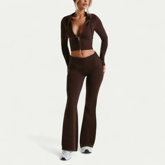 Ribbed Zip Up Hoodie and Flared Leggings Co Ord Set
