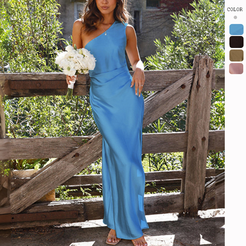 One Shoulder Satin Maxi Dress with Side Split