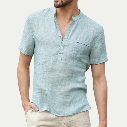 Men Linen Short Sleeve Shirt with Stand Collar
