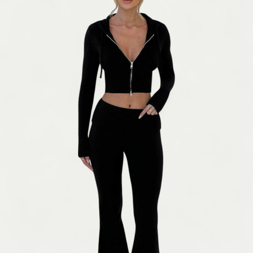 Ribbed Zip Up Hoodie and Flared Leggings Co Ord Set