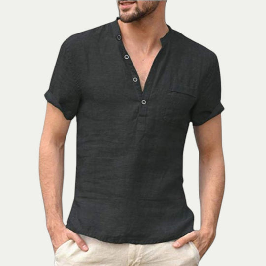 Men Linen Short Sleeve Shirt with Stand Collar