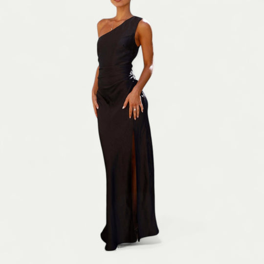 One Shoulder Satin Maxi Dress with Side Split
