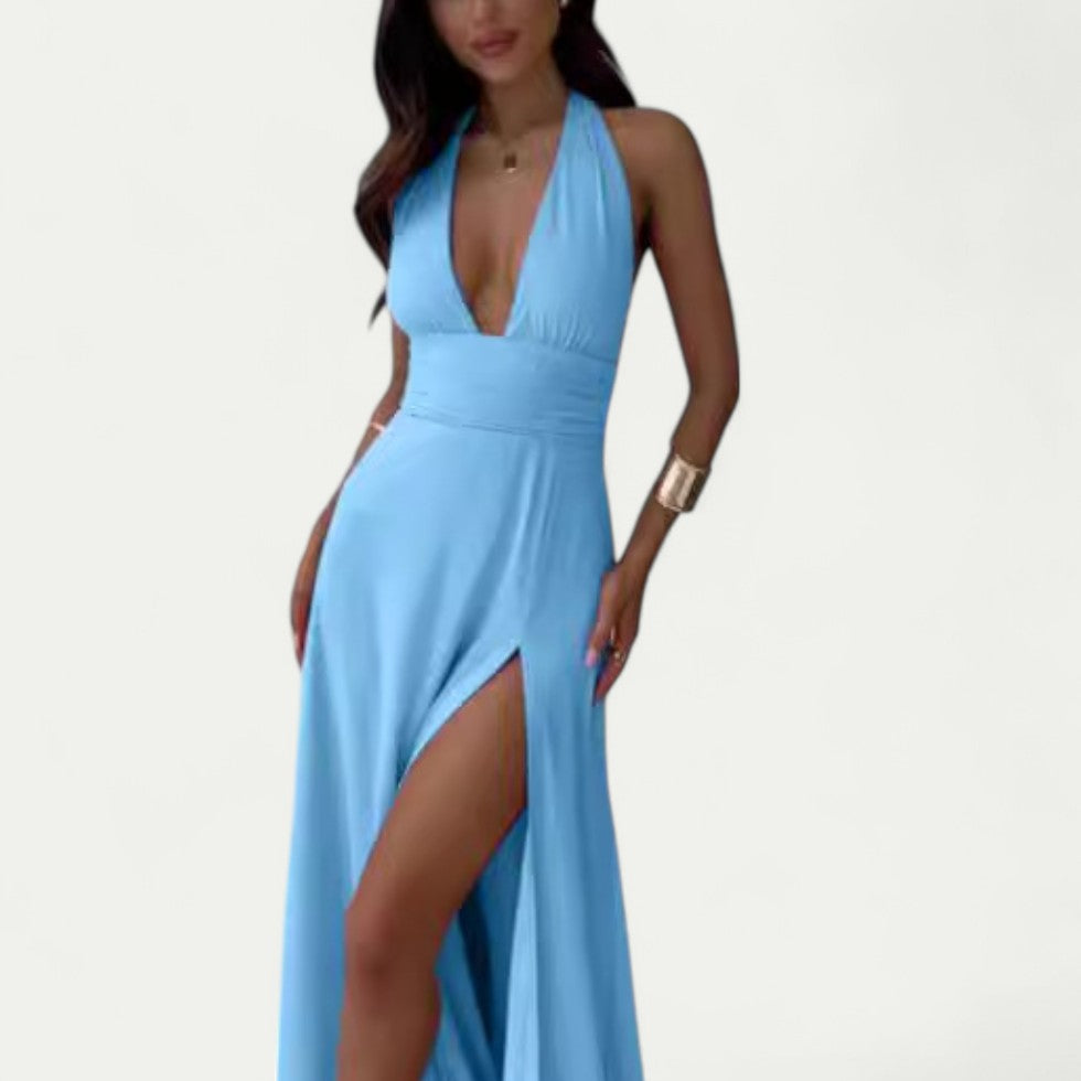 Plunge Neck Maxi Dress with Thigh High Split for Summer Glam