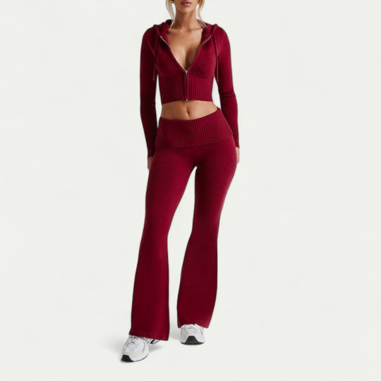 Ribbed Zip Up Hoodie and Flared Leggings Co Ord Set