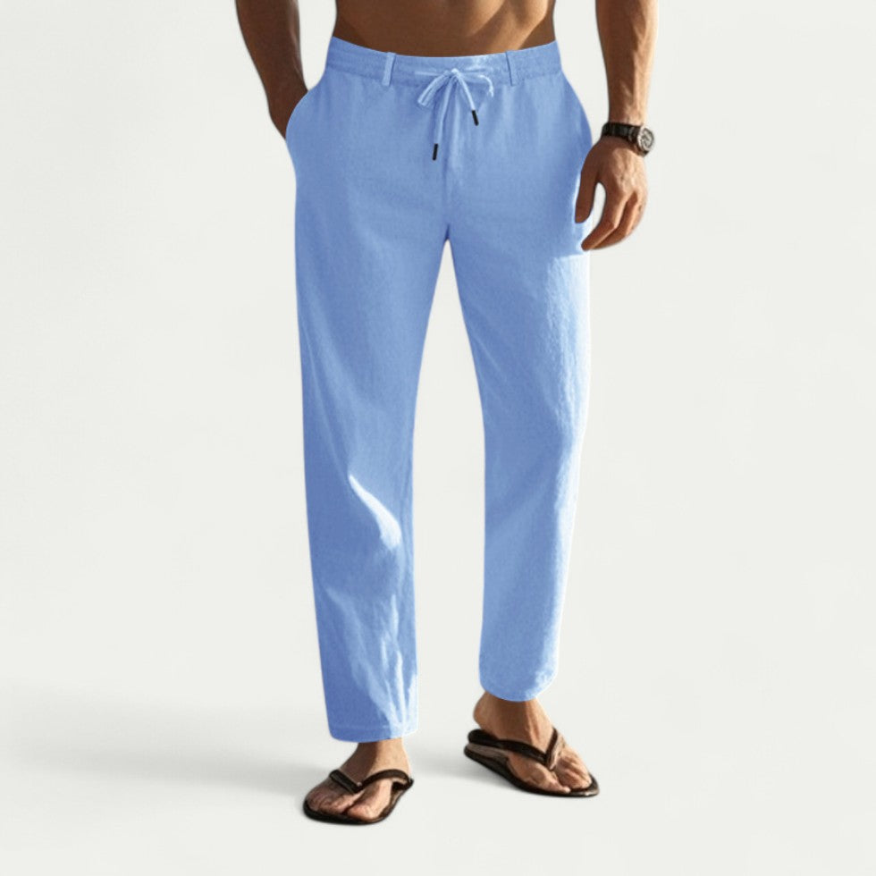 Men's Linen Cotton Drawstring Trousers Lightweight Summer Fit