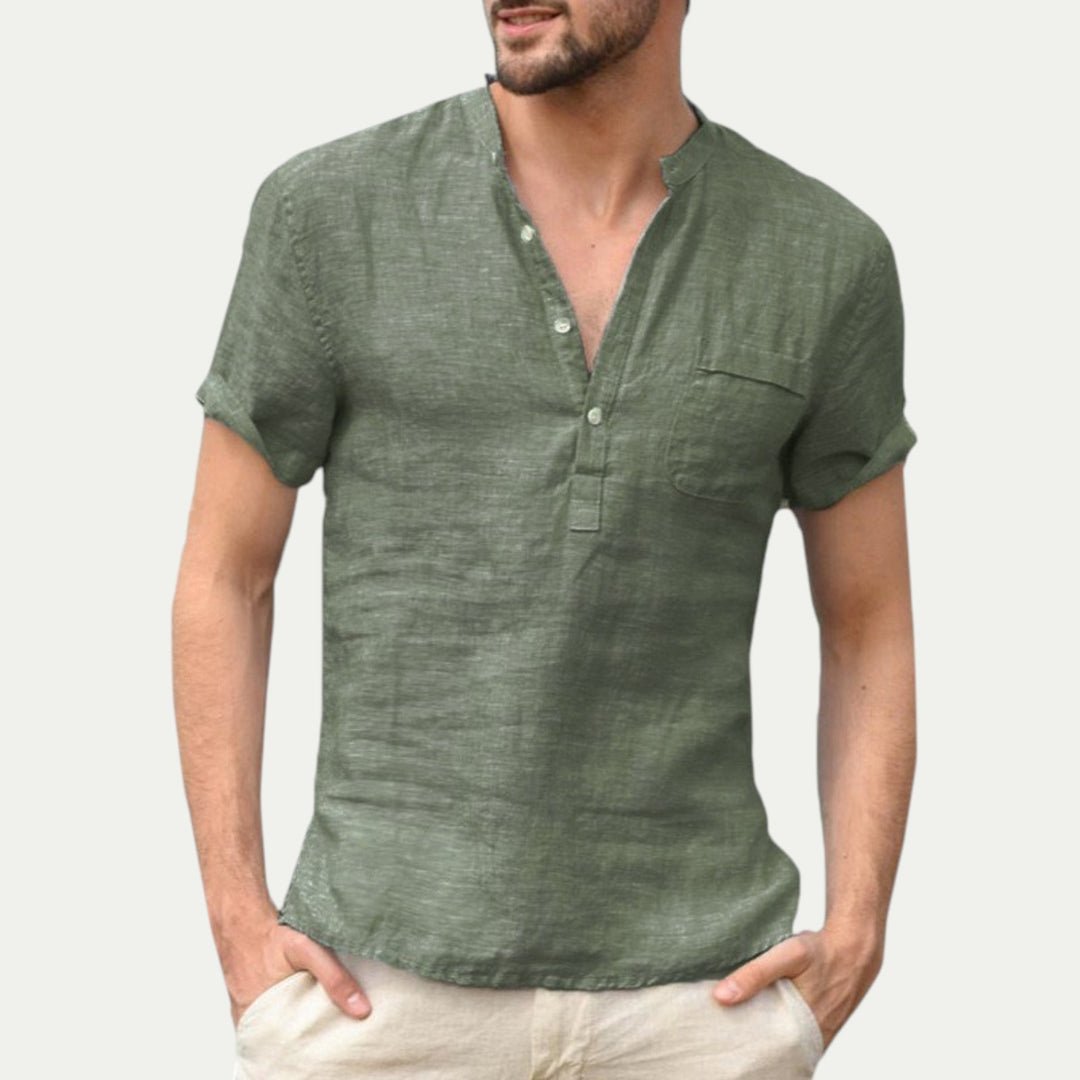 Men Linen Short Sleeve Shirt with Stand Collar