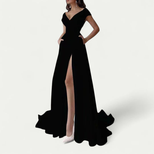 Off Shoulder Split Maxi Dress for Evening and Wedding Events