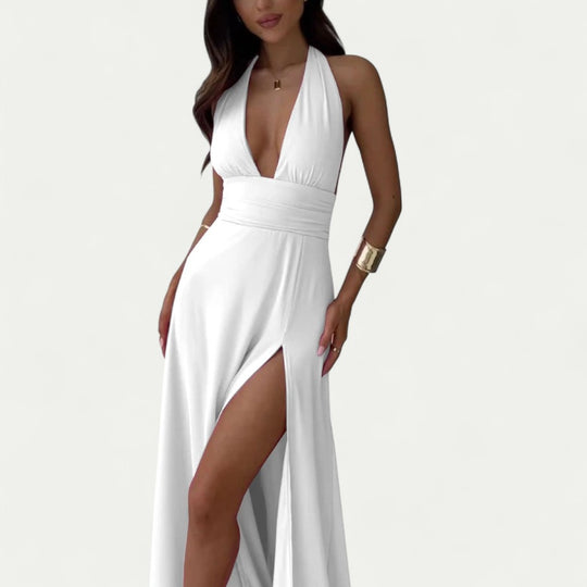 Plunge Neck Maxi Dress with Thigh High Split for Summer Glam