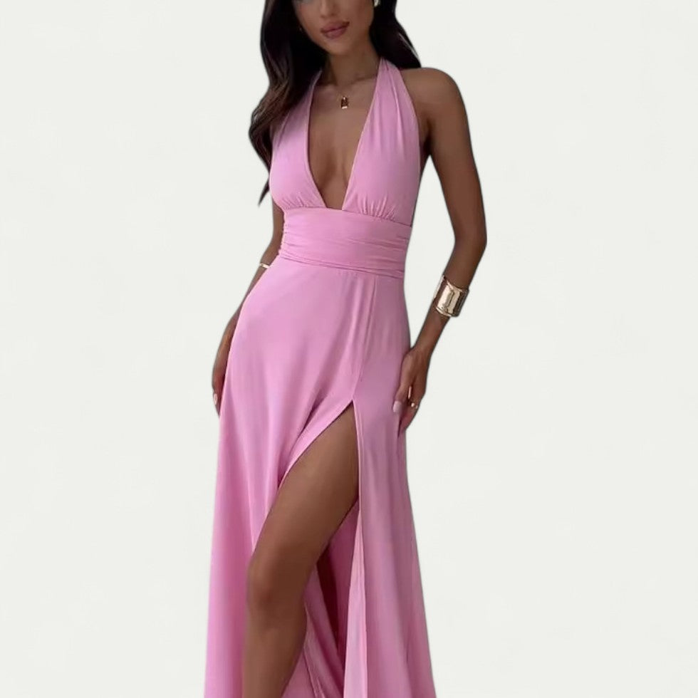 Plunge Neck Maxi Dress with Thigh High Split for Summer Glam